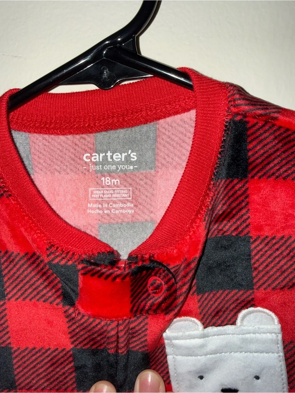 Carter's Red & Black Buffalo Plaid Footed One-Piece with Bear Patch